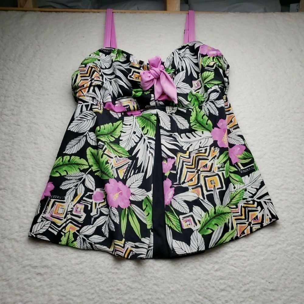 Fit 4 U Tankini Swim Top Womens 12 Multicolor Tropical Floral Wide Strap Lined